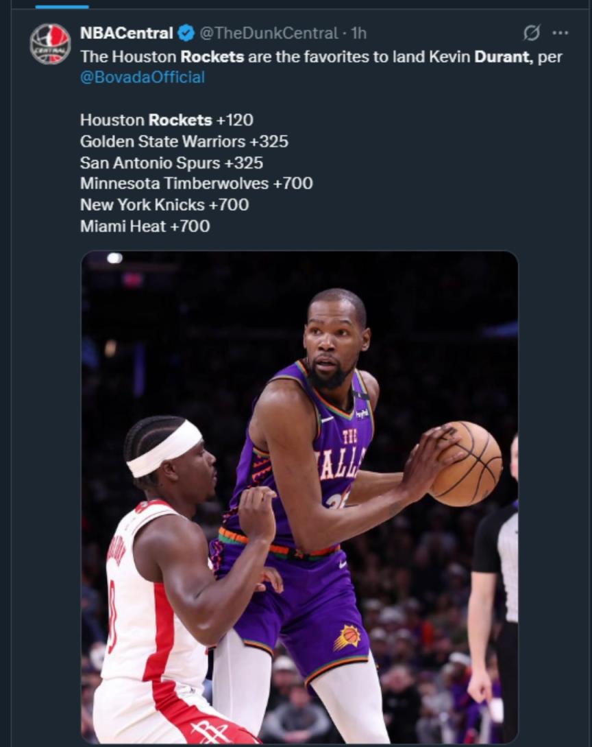 難道說？美媒曬杜蘭特下家賠率，火箭大幅度領(lǐng)跑！